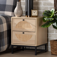 Baxton Studio MUS-005-Natural/Black Ardon Bohemian Light Brown Finished Wood and Black Metal 1-Drawer Nightstand with Natural Rattani